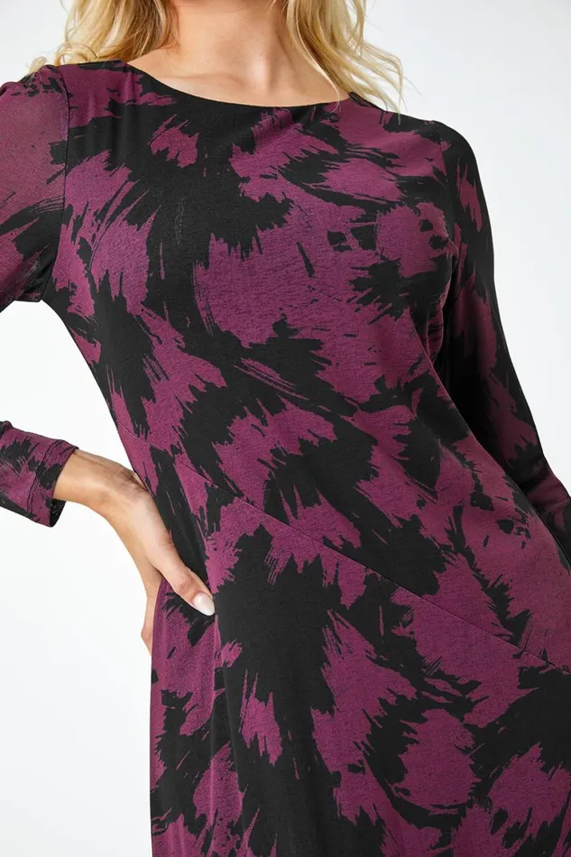 Women Plum Abstract Print Mesh Midi Stretch Dress Roman Dresses