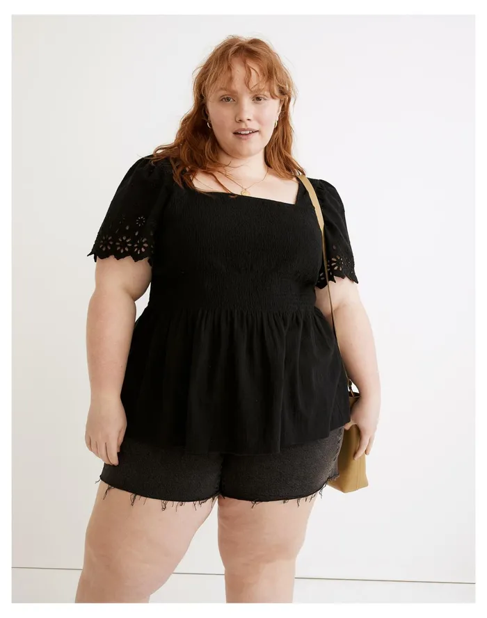 Women Plus Eyelet Sleeve Kate Smocked Top True Black Madewell Tops and Shirts
