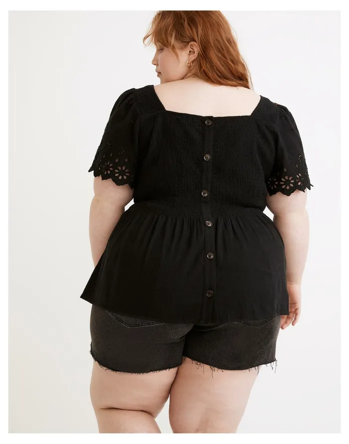 Women Plus Eyelet Sleeve Kate Smocked Top True Black Madewell Tops and Shirts