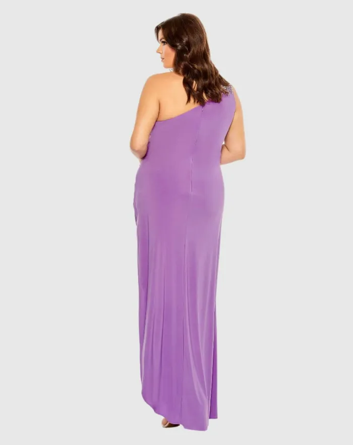 Women Plus Size Dresses Mac Duggal Beaded One Shoulder Draped Gown Plus Violet