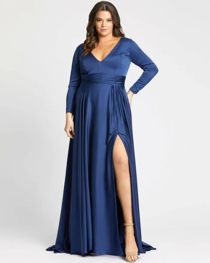 Women Plus Size Dresses Mac Duggal Classic Satin Long Sleeve Evening Gown Plus 8211 FINAL SALE Midnight Women Plus Size Dresses Mac Duggal Classic Satin Long Sleeve Evening Gown Plus 8211 FINAL SALE Midnight