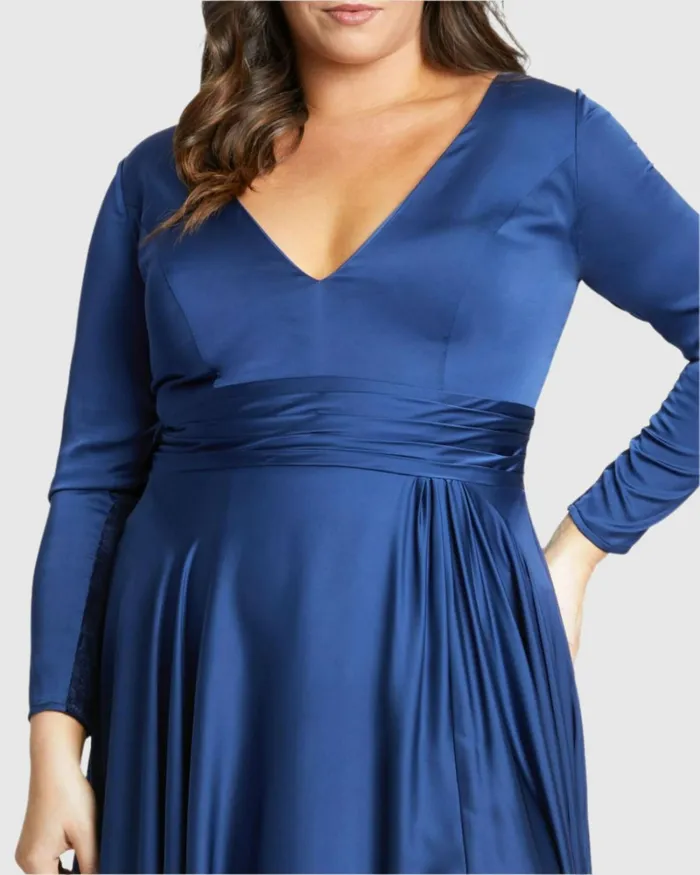 Women Plus Size Dresses Mac Duggal Classic Satin Long Sleeve Evening Gown Plus 8211 FINAL SALE Midnight