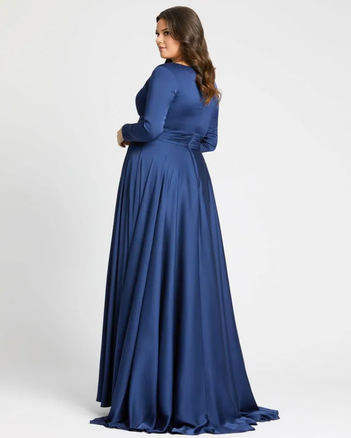 Women Plus Size Dresses Mac Duggal Classic Satin Long Sleeve Evening Gown Plus 8211 FINAL SALE Midnight