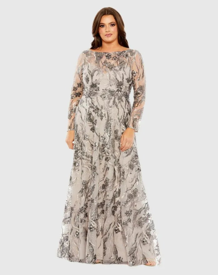 Women Plus Size Dresses Mac Duggal Embroidered Long Sleeve A Line Gown Taupe