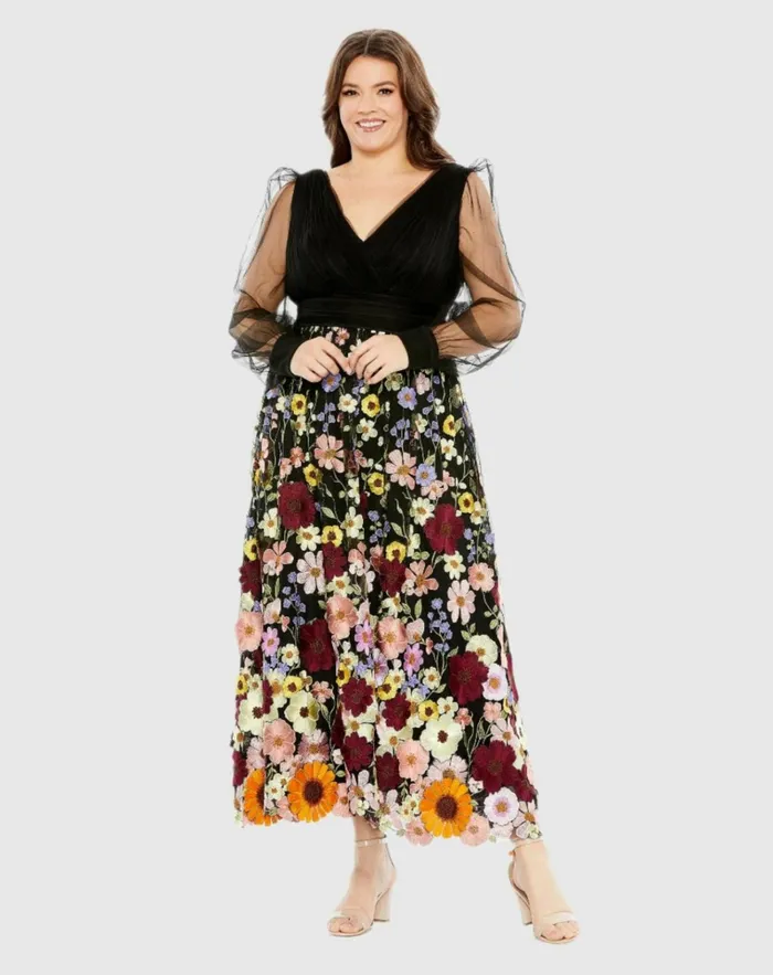 Women Plus Size Dresses Mac Duggal Embroidered Puff Sleeve A Line Dress Black Multi