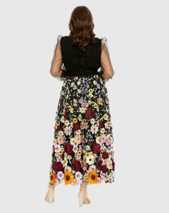Women Plus Size Dresses Mac Duggal Embroidered Puff Sleeve A Line Dress Black Multi