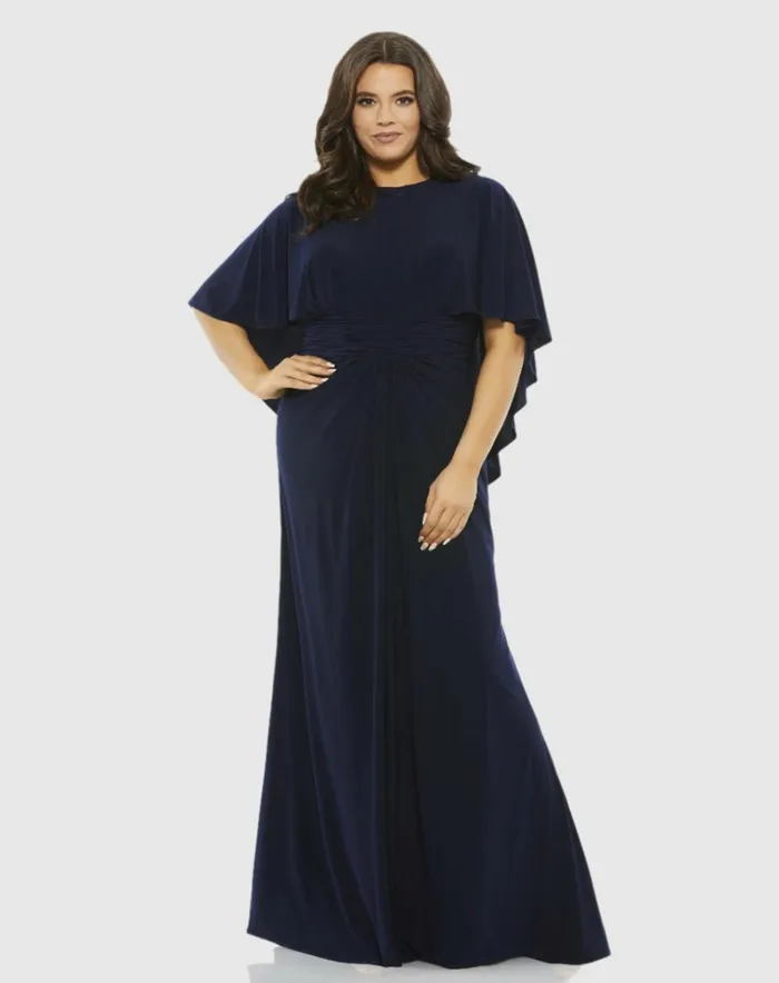 Women Plus Size Dresses Mac Duggal Jersey Cape Sleeve A Line Gown Plus Navy