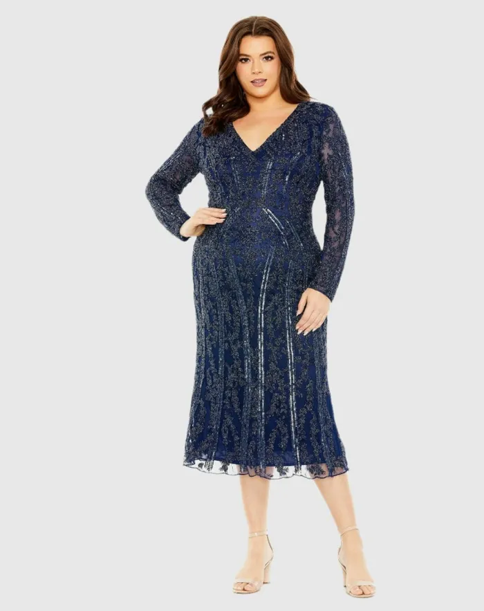 Women Plus Size Dresses Mac Duggal Long Sleeve Embellished Dress Midnight