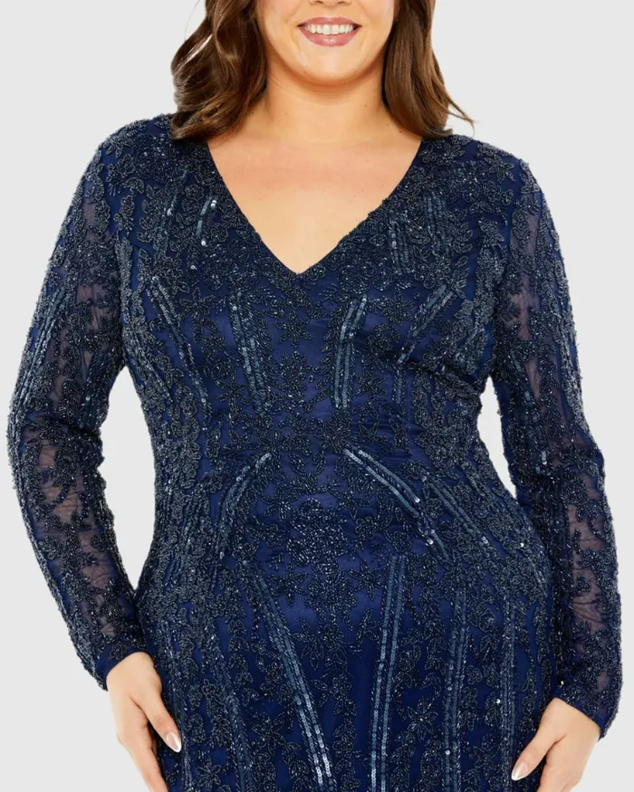 Women Plus Size Dresses Mac Duggal Long Sleeve Embellished Dress Midnight