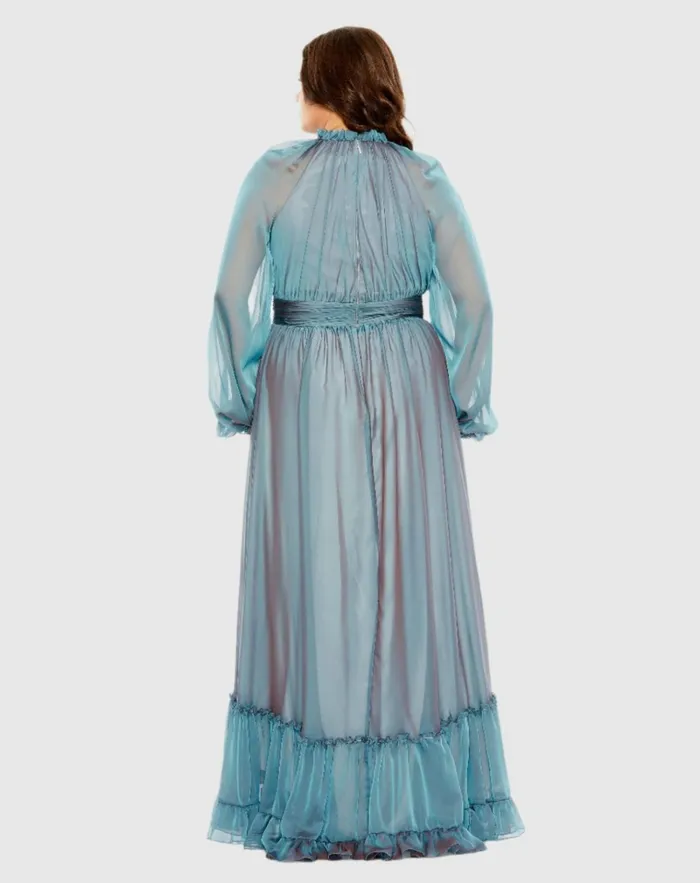 Women Plus Size Dresses Mac Duggal Puff Sleeve W Embellished Cuff V Neck A Line Dress Plus French Blue