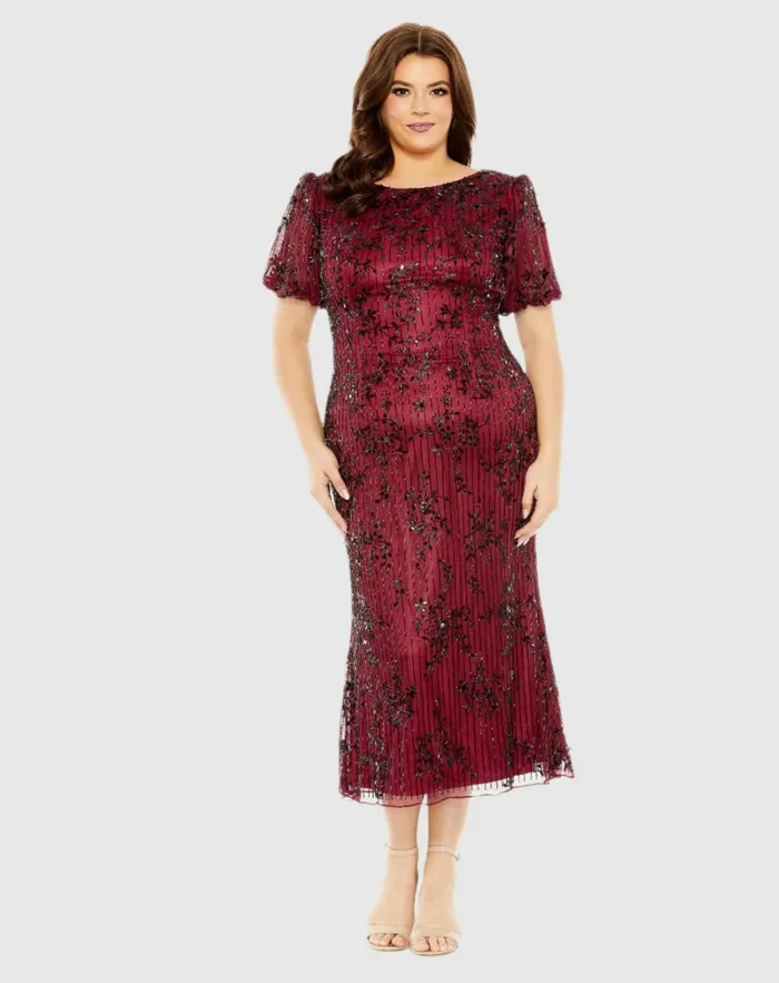 Women Plus Size Dresses Mac Duggal Red High Neck Puff Sleeve Embellished Dress Burgundy Women Plus Size Dresses Mac Duggal Red High Neck Puff Sleeve Embellished Dress Burgundy