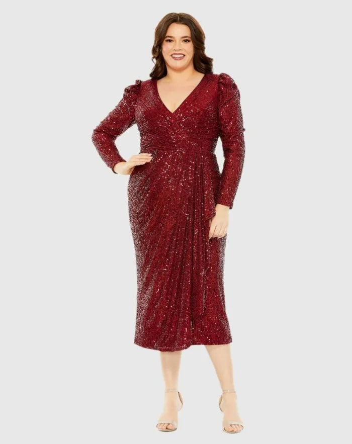 Women Plus Size Dresses Mac Duggal Red Princess Long Sleeve V Neck Sequin Dress Wine