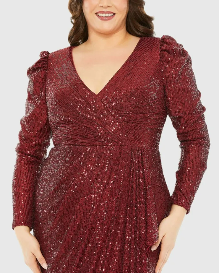 Women Plus Size Dresses Mac Duggal Red Princess Long Sleeve V Neck Sequin Dress Wine