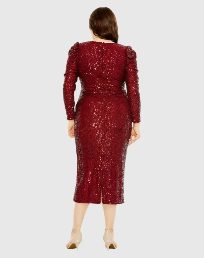 Women Plus Size Dresses Mac Duggal Red Princess Long Sleeve V Neck Sequin Dress Wine