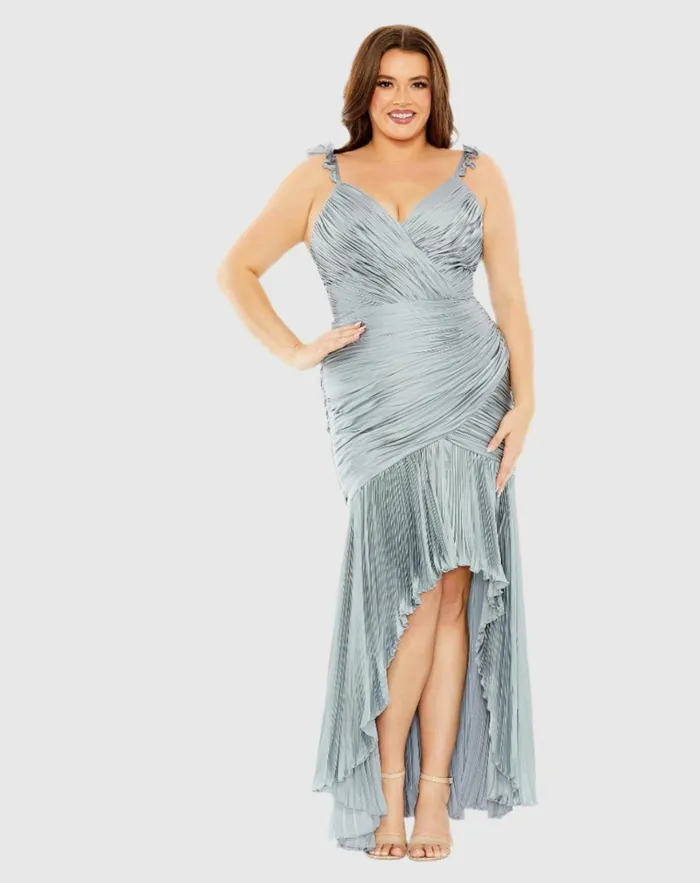 Women Plus Size Dresses Mac Duggal Ruched Ruffle Sleeve High Low Dress Grey