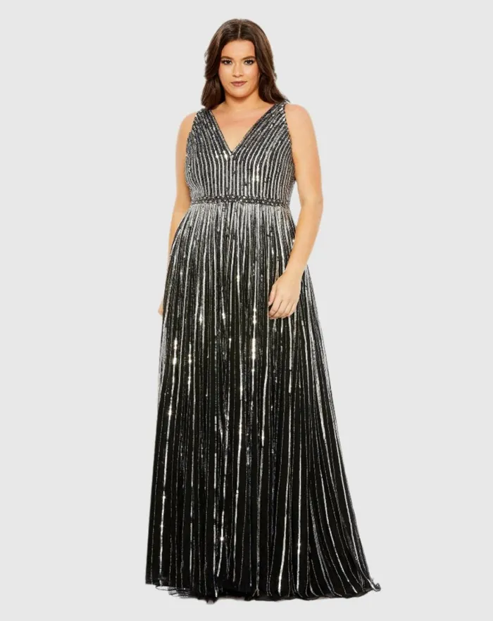 Women Plus Size Dresses Mac Duggal Sequined Striped Sleeveless V Neck A Line Gown Plus Apricot Women Plus Size Dresses Mac Duggal Sequined Striped Sleeveless V Neck A Line Gown Plus Apricot