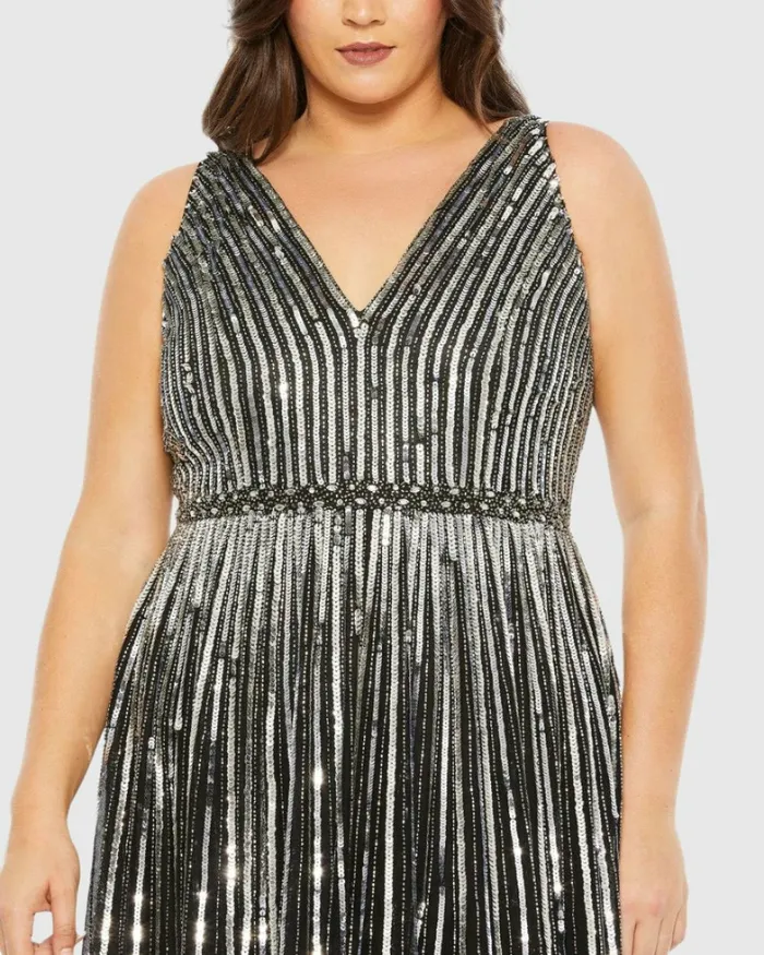 Women Plus Size Dresses Mac Duggal Sequined Striped Sleeveless V Neck A Line Gown Plus Apricot