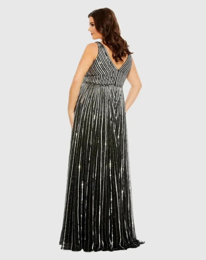 Women Plus Size Dresses Mac Duggal Sequined Striped Sleeveless V Neck A Line Gown Plus Apricot