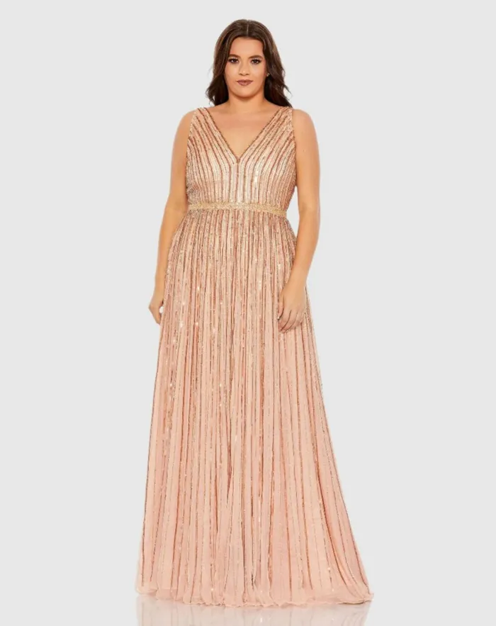 Women Plus Size Dresses Mac Duggal Sequined Striped Sleeveless V Neck A Line Gown Plus Apricot