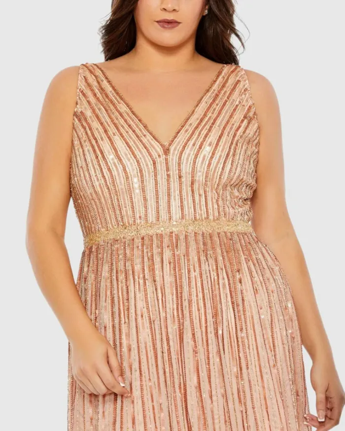 Women Plus Size Dresses Mac Duggal Sequined Striped Sleeveless V Neck A Line Gown Plus Apricot