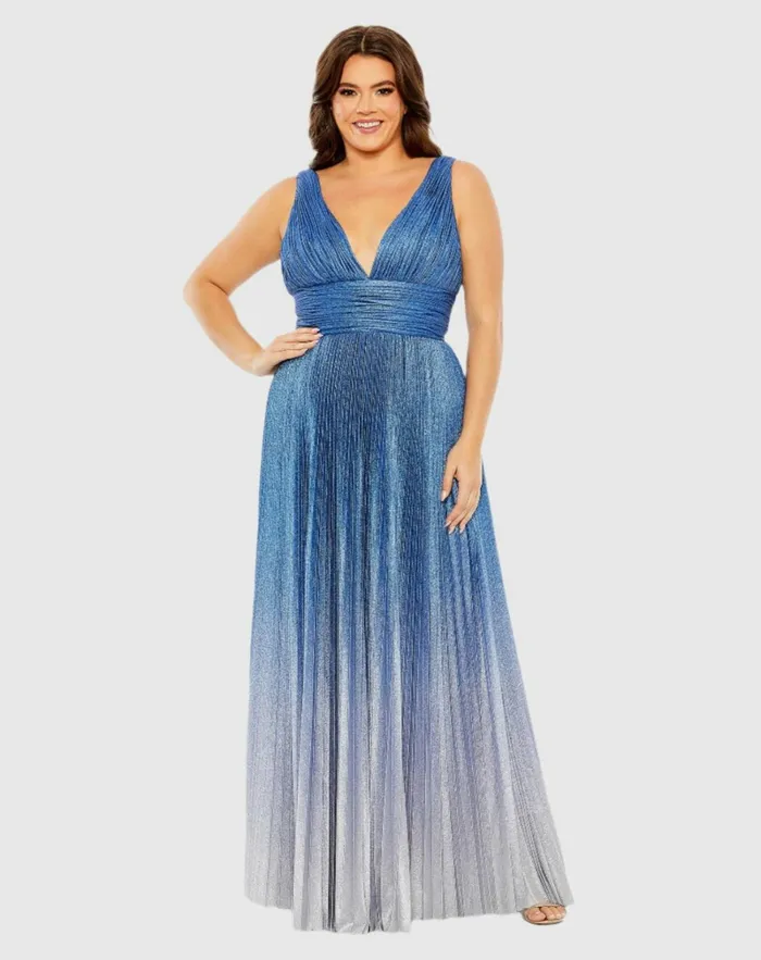 Women Plus Size Dresses Mac Duggal VNeck Ombre Pleated Gown Sapphire Ombre