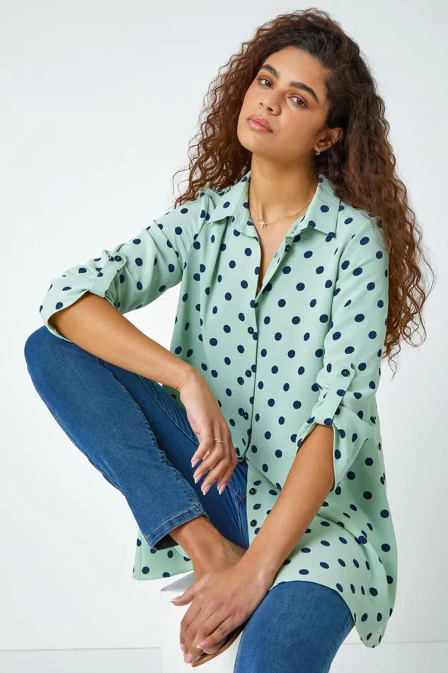Women Polka Dot Longline Swing Shirt Roman Tops