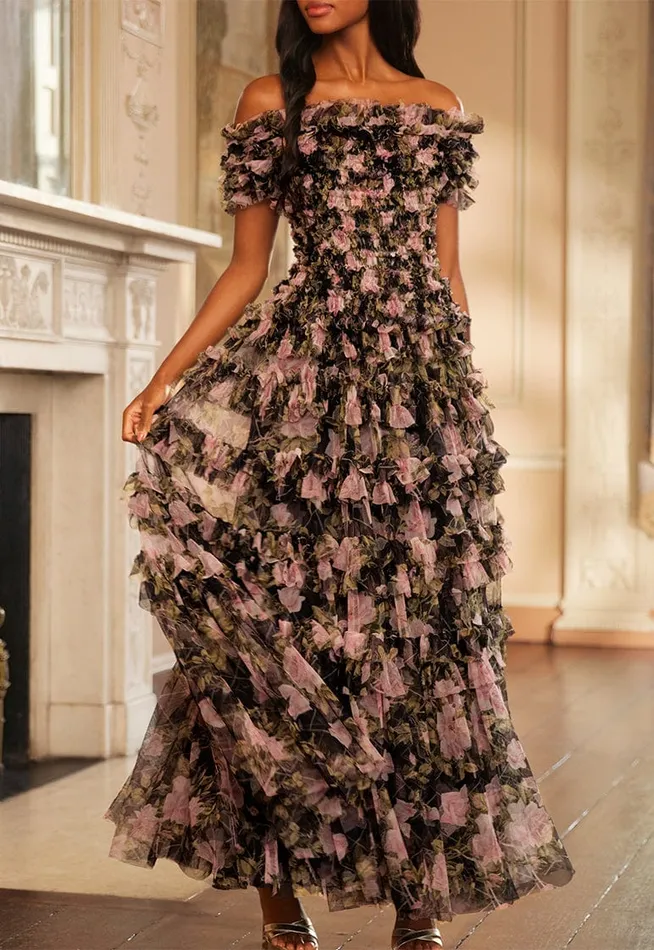 Women Printed Dresses Needle and Thread English Rose Lisette Off Shoulder Gown Black