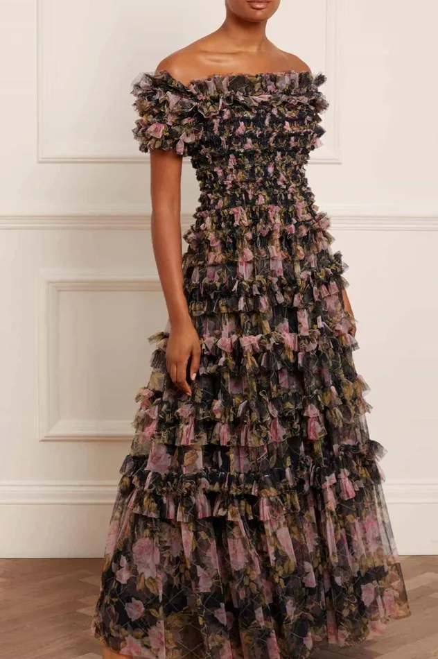 Women Printed Dresses Needle and Thread English Rose Lisette Off Shoulder Gown Black