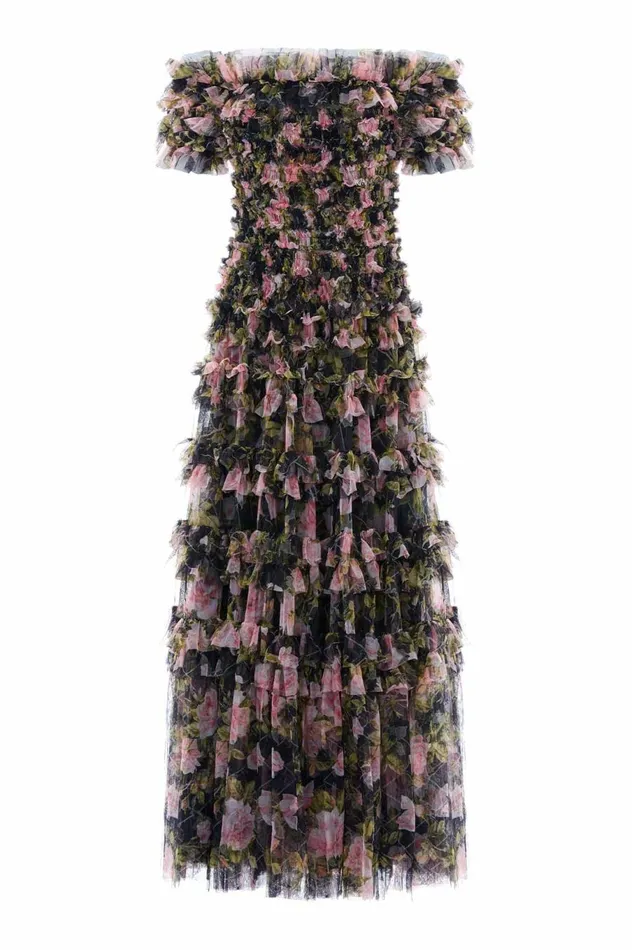 Women Printed Dresses Needle and Thread English Rose Lisette Off Shoulder Gown Black