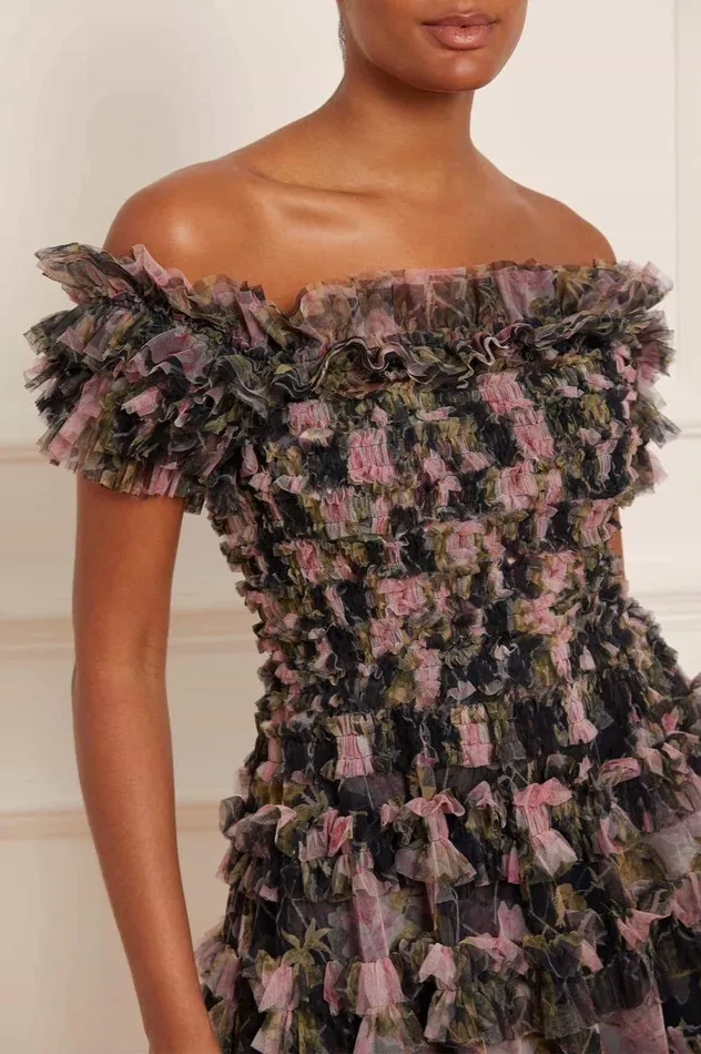 Women Printed Dresses Needle and Thread English Rose Lisette Off Shoulder Gown Black