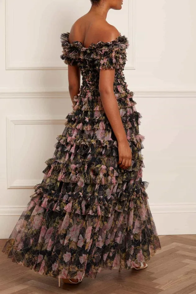 Women Printed Dresses Needle and Thread English Rose Lisette Off Shoulder Gown Black