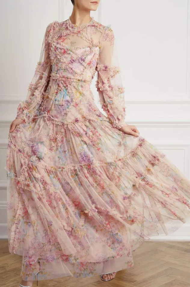 Women Printed Dresses Needle and Thread Floral Diamond Ruffle Gown Multi