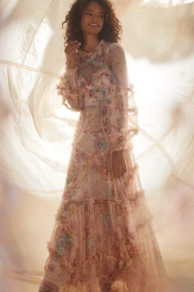 Women Printed Dresses Needle and Thread Floral Diamond Ruffle Gown Multi
