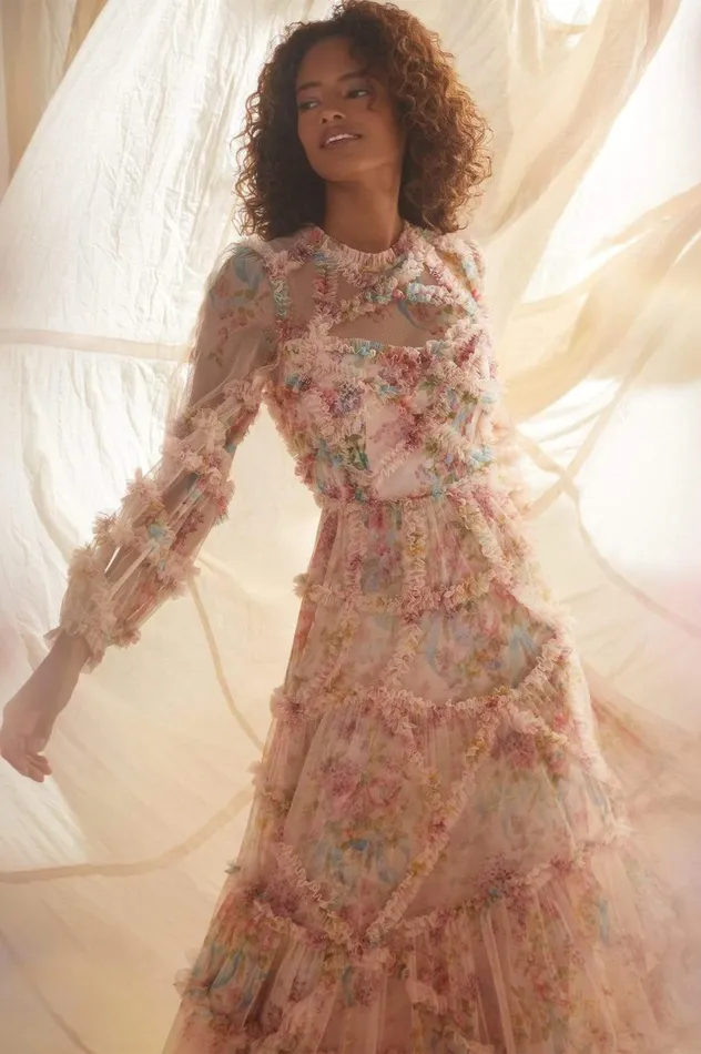 Women Printed Dresses Needle and Thread Floral Diamond Ruffle Gown Multi