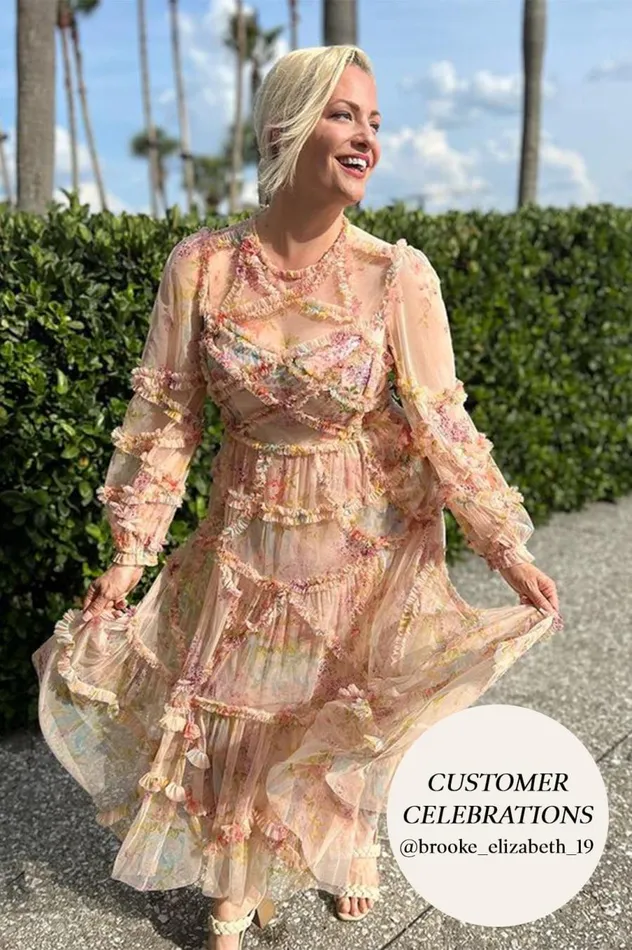 Women Printed Dresses Needle and Thread Floral Diamond Ruffle Gown Multi