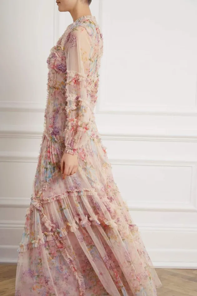 Women Printed Dresses Needle and Thread Floral Diamond Ruffle Gown Multi