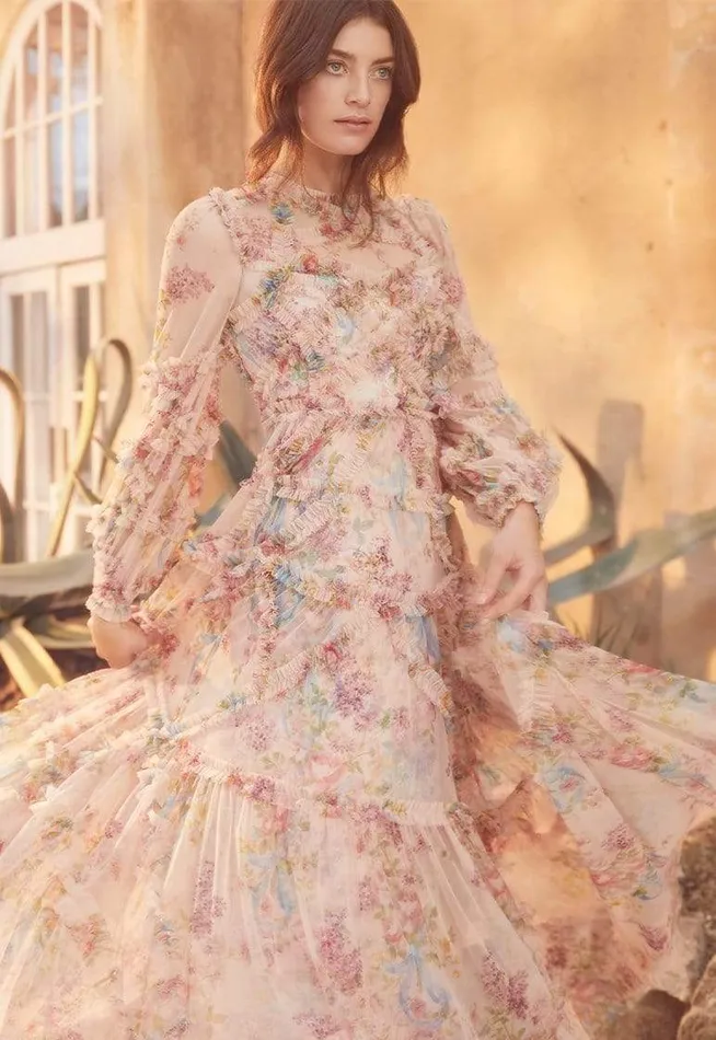 Women Printed Dresses Needle and Thread Floral Diamond Ruffle Gown Multi