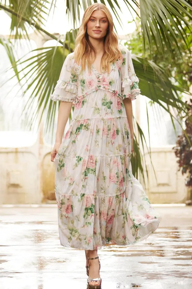 Women Printed Dresses Needle and Thread Harlequin Rose Dora Chiffon Ankle Gown Multi