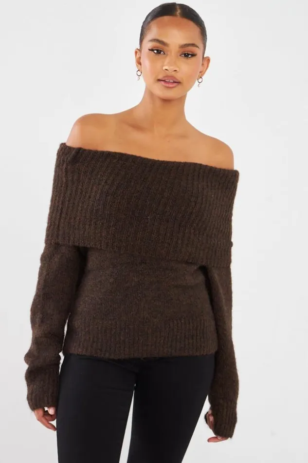 Women Pull Col Bateau En Laine Marron Brown Brentiny Paris Sweaters and Sweatshirts