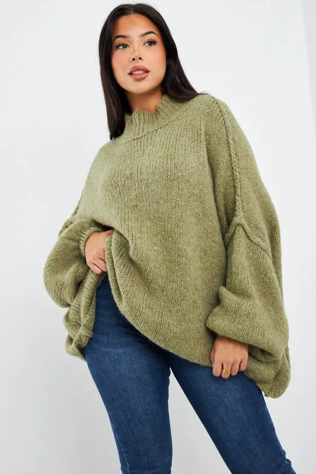 Women Pull Kaki Textur Col Montant Khaki Brentiny Paris Sweaters and Sweatshirts