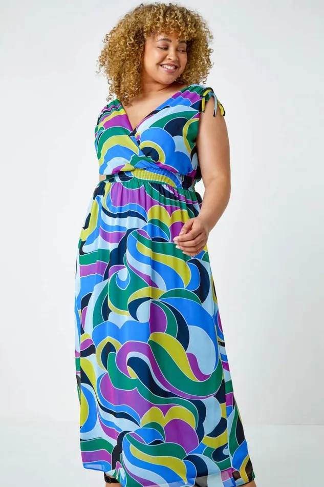 Women Purple Curve Abstract Shirred Chiffon Maxi Dress Roman Dresses