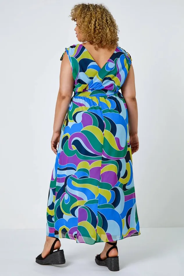 Women Purple Curve Abstract Shirred Chiffon Maxi Dress Roman Dresses