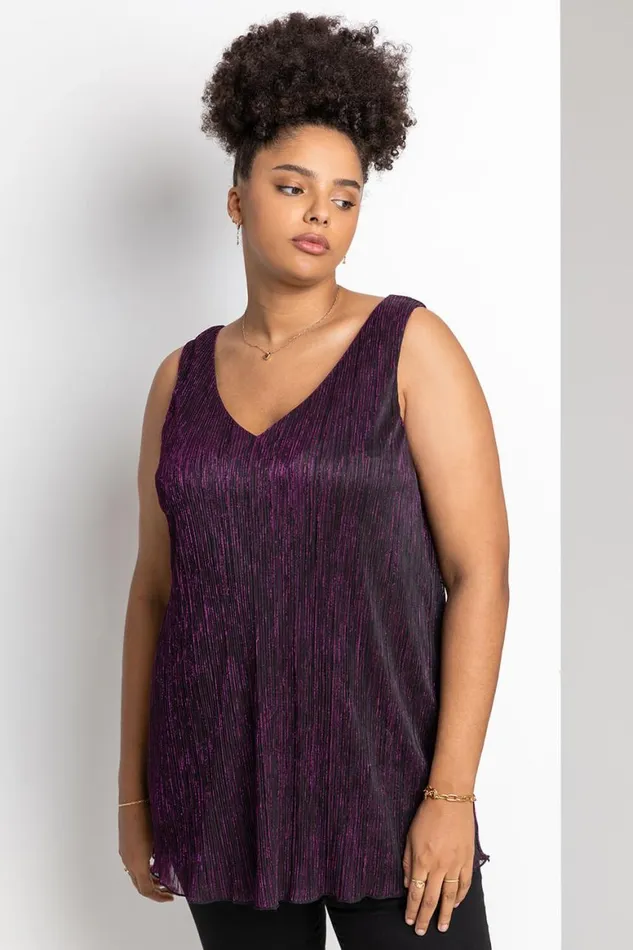 Women Purple Curve Metallic Plisse Chiffon Vest Top Roman Tops