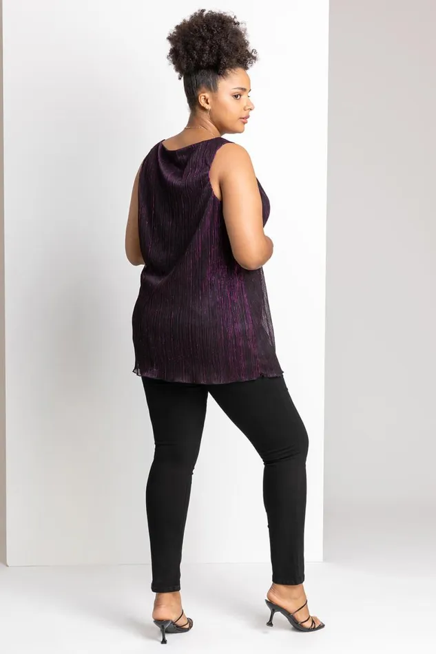 Women Purple Curve Metallic Plisse Chiffon Vest Top Roman Tops