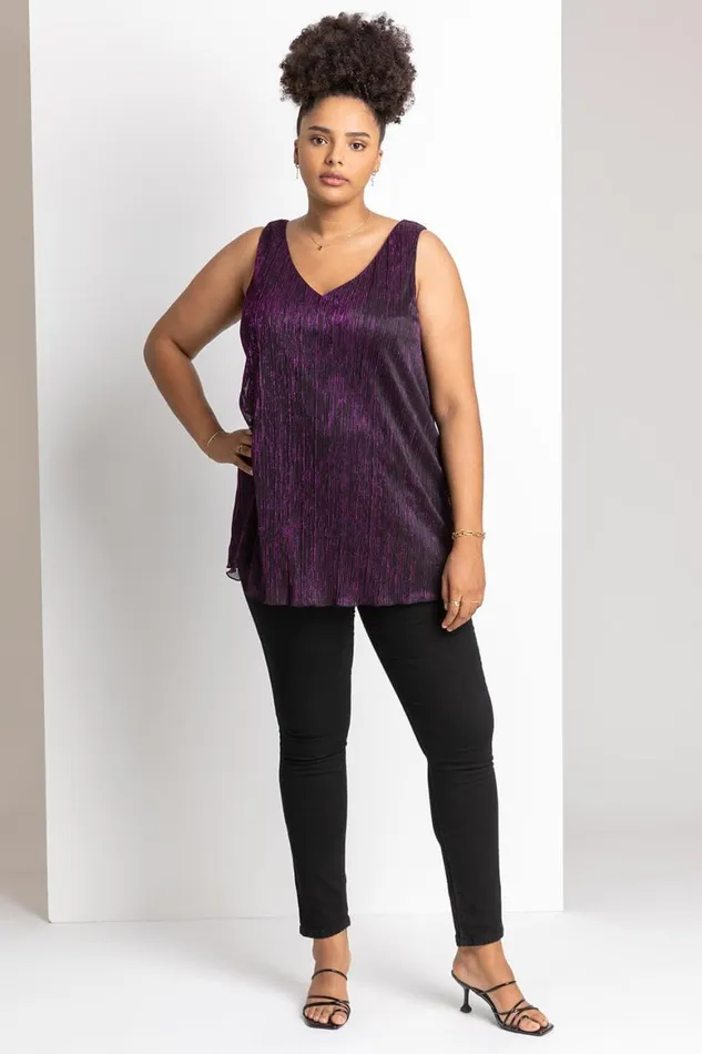 Women Purple Curve Metallic Plisse Chiffon Vest Top Roman Tops