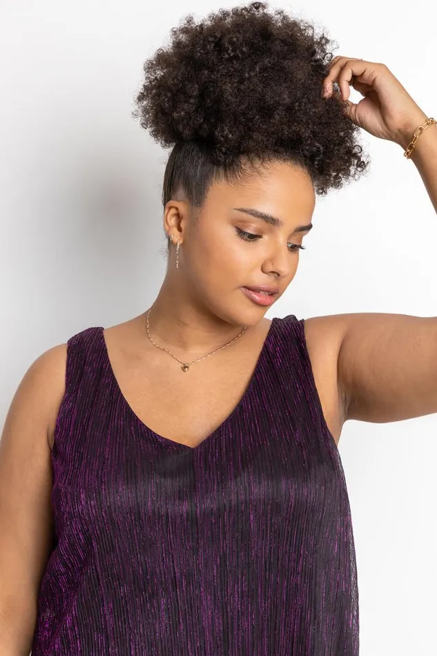 Women Purple Curve Metallic Plisse Chiffon Vest Top Roman Tops