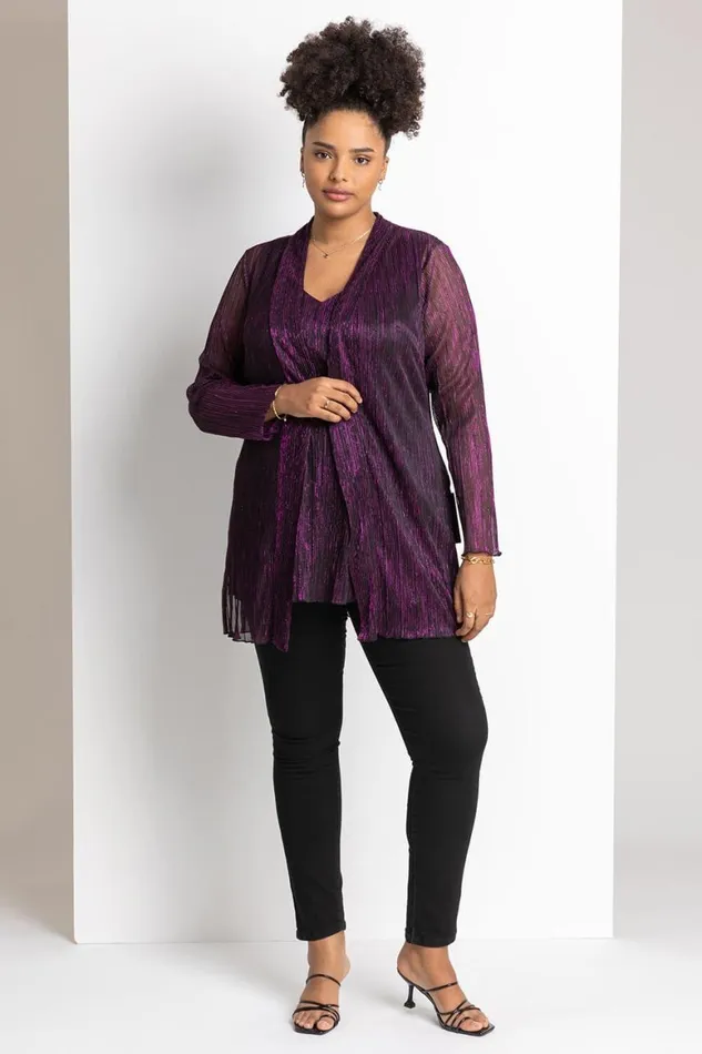Women Purple Curve Metallic Plisse Chiffon Vest Top Roman Tops