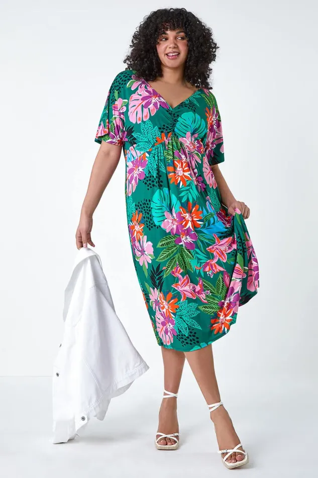 Women Purple Curve Ruched Front Tropical Leaf Dress STOCK FAULT Roman Dresses