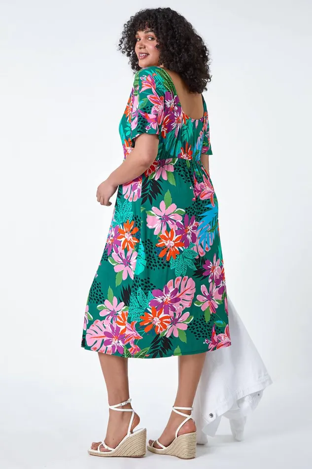 Women Purple Curve Ruched Front Tropical Leaf Dress STOCK FAULT Roman Dresses