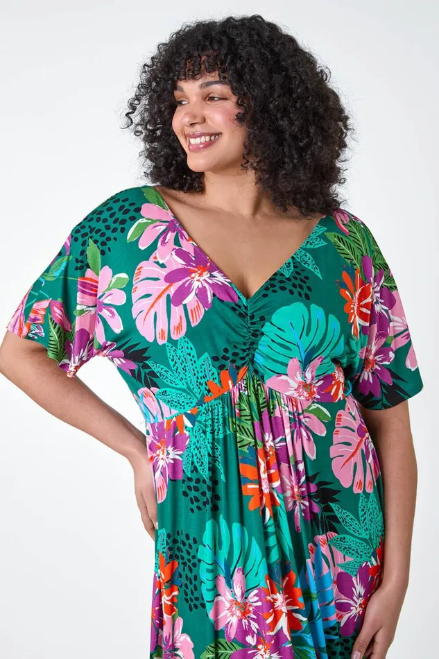 Women Purple Curve Ruched Front Tropical Leaf Dress STOCK FAULT Roman Dresses